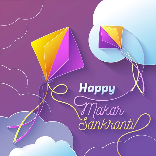 Gelukkig Makar Sankranti Vectorillustratie Met Vliegers Wolken Papier Kunststijl Paarse — Stockvector