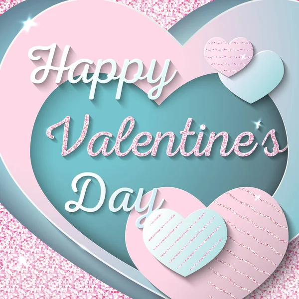 幸せなバレンタインデー ベクトルの図 紙のカット スタイル ピンクのキラキラとピンクと青の心 — ストックベクタ