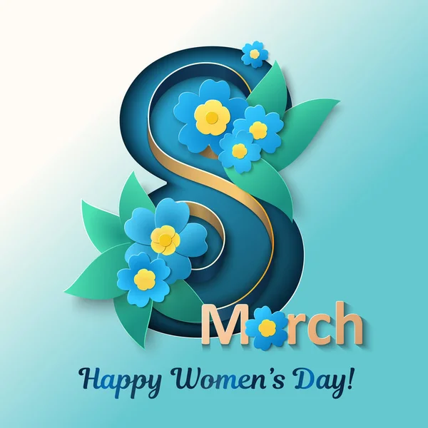 3月8日愉快的妇女的天向量例证 带丝带和蓝色鲜花的贺卡 海报或横幅设计元素 — 图库矢量图片