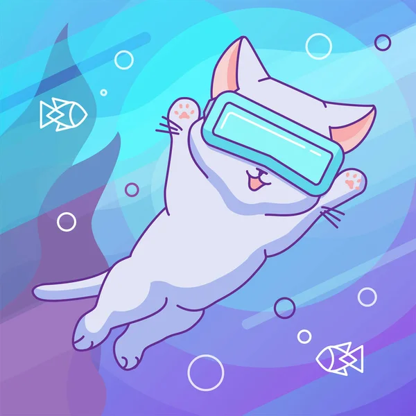 Lustige Katze Mit Headset Schwimmt Virtuellen Ozean Vektor Illustration Niedlicher — Stockvektor