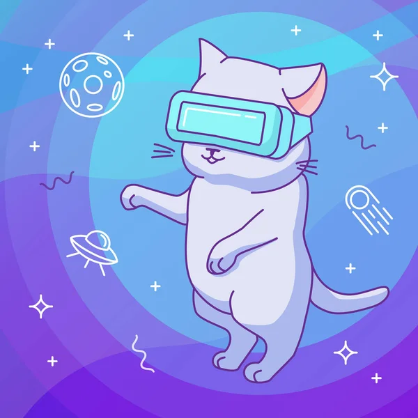 Gato Divertido Con Casco Espacio Exterior Realidad Virtual Lindo Personaje — Archivo Imágenes Vectoriales