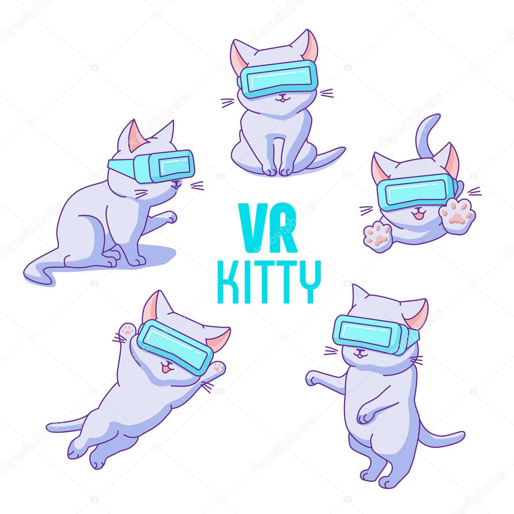 Set of cute cartoon cats with VR glasses