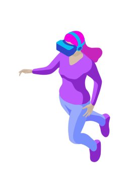 Vr kulaklık olan kadın. İzometrik çizimde
