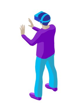 Vr kulaklık olan genç adam. İzometrik çizimde