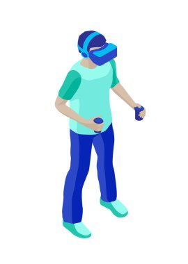 Vr kulaklık olan genç adam. İzometrik çizimde