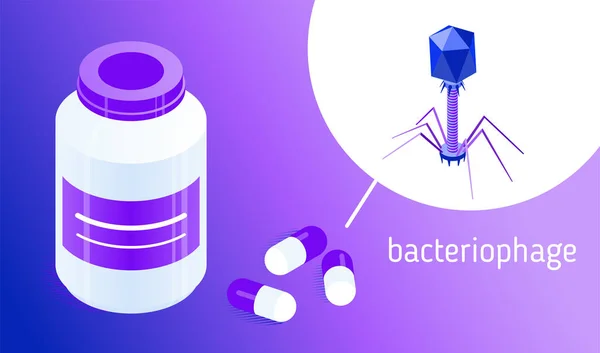 박테리오파지를 곁들인 알약 병 및 캡슐 — 스톡 벡터