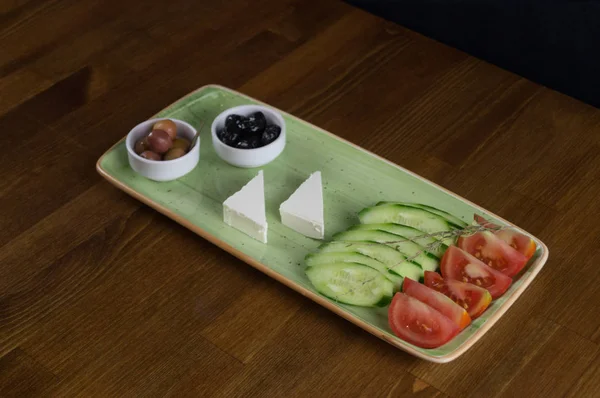 At breakfast, cucumber tomato cheese olive tray — Stock Photo, Image