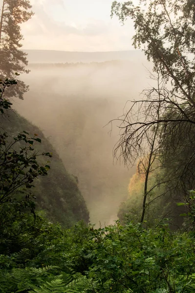 The morning mist rises over the river canyon. Landscape