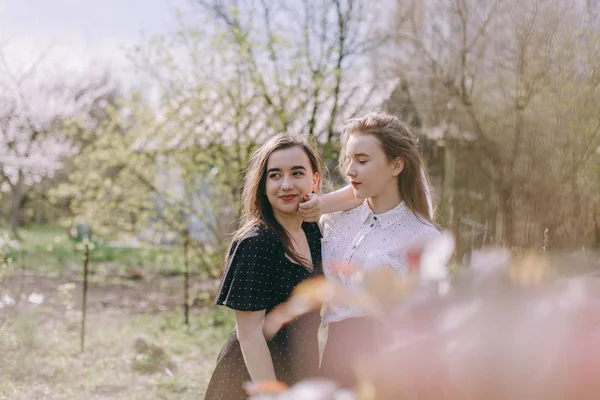 Yeşil bahar bahçesinde iki güzel genç kız kardeşi portresi, güneş alanında sarılma. Birlikte eğlenmek, olumlu duygular, parlak renkler. Kopya alanı. Gün batımında mutlu kız arkadaşları