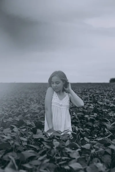 güzel kız alana gider ve yeşil kolları dokunur. Rüzgarlı saçlı beyaz bohem elbiseli çekici genç kadın yaprakları arasında dinlenmeye devam ediyor. yaz tatili. siyah beyaz fotoğraf