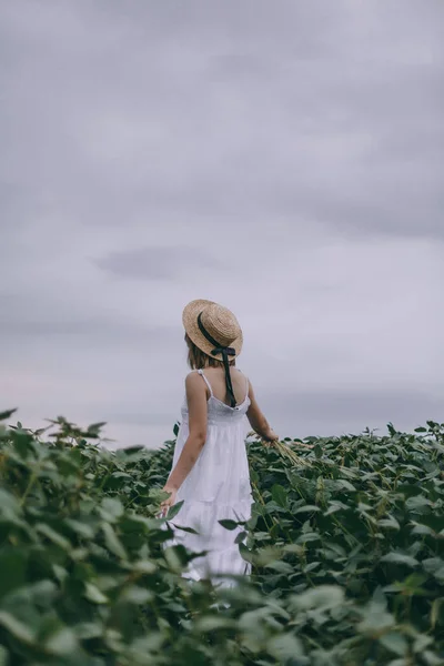 Schönes junges Mädchen in weißem Kleid und Strohhut im grünen Feld umarmt Strauß getrockneter Kräuter — Stockfoto