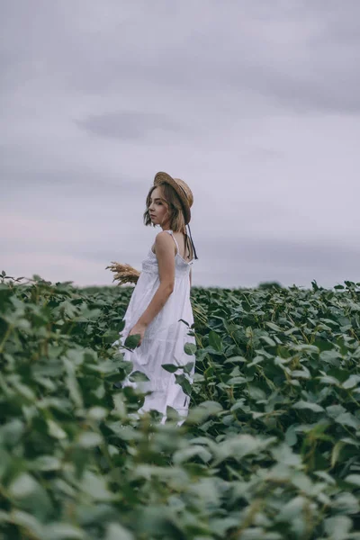 Schönes junges Mädchen in weißem Kleid und Strohhut im grünen Feld umarmt Strauß getrockneter Kräuter — Stockfoto