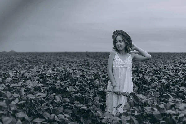 Красива молода дівчина в білій сукні і солом'яний капелюх в зеленому полі обіймає букет сушених трав — стокове фото