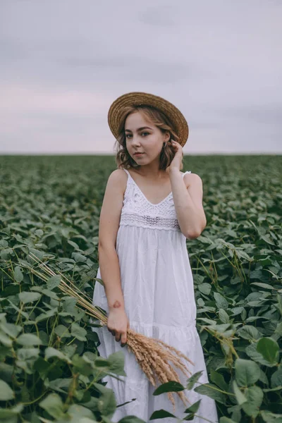 Mooi jong meisje in witte jurk en stro hoed in groene veld knuffelen boeket van gedroogde kruiden — Stockfoto