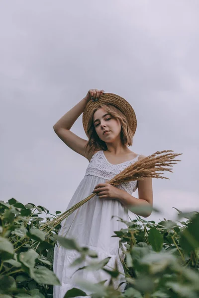 Beautiful young girl in white dress and straw hat in green field hugging bouquet of dried herbs — Stock Photo, Image