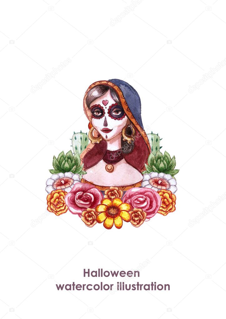 Santa Muerte watercolor Halloween portrait.