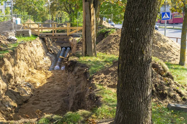 Oprava Vodního Přívodu Nové Moderní Technologie Městských Inženýrských Sítí Městské — Stock fotografie