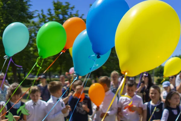 Festive Multi Colored Gel Balloons Fly Blue Sky Holiday Accessories — Stock Photo, Image