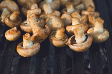 Champignon beyaz, mantar Barbekü metal ızgara kavrulmuş. Diyet vegan Barbekü. Mantarlar Kebap piknik açık havada, kopya alanı arka plan üzerinde ızgara ızgara