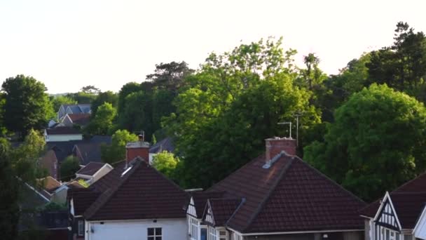 Střechy a stromy za pěkného večera s jasnou oblohou ve Velké Británii. — Stock video