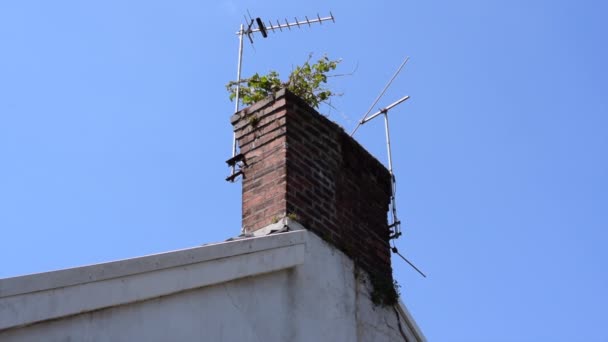 Tegelskorsten med gamla antenner på blå himmel bakgrund. — Stockvideo