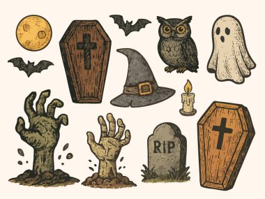 Klasik el yapımı Cadılar Bayramı vektörü, mürekkep desenli retro eskiz şirin ürkütücü ruh hali, neşeli sonbahar tatili seti seti 3