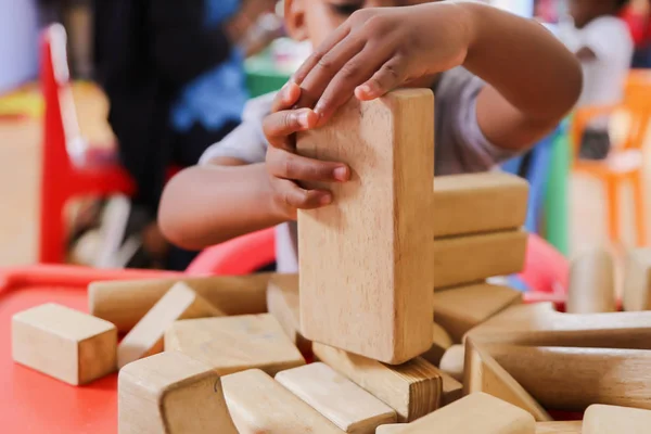 building wood blocks learn play school classroom hands nursery school preschool