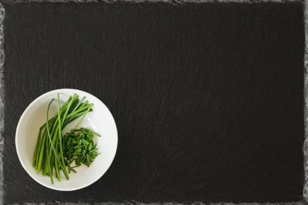 Chives Cut Whole White Bowl Black Slate Background — Stock Photo, Image