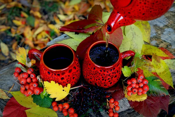 Две Красивые Красные Чашки Чайник Деревянной Скамейке Парке Фоне Красочных — стоковое фото