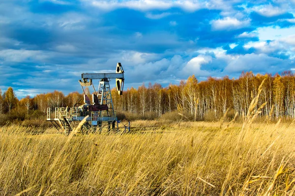 oil rocking in the field in the fall. Russia. republic of bashkortostan. Rosneft, Bashneft, background of blue sky in the summer