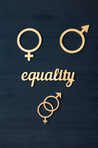 EQUALITY word carved out of plywood. Symbol of gender equality. Black wooden background.