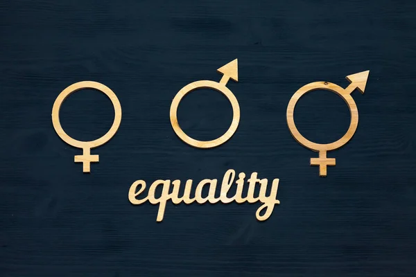 EQUALITY word carved out of plywood. Symbol of gender equality. Black wooden background.