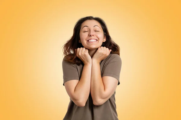 Portrait Happy Smiling Young Caucasian Woman Feeling Winners Celebrating Yellow — Stock Photo, Image