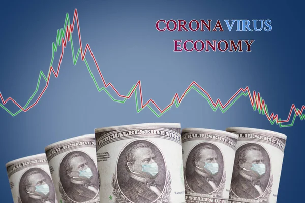 Üzerinde Başkan 'ın tıbbi maskeli görüntüsü ve mavi arka planda bir diyagramı olan banknotlar. Corona virüsü ekonomisi. Finansal kriz ve viral salgınlar konsepti.