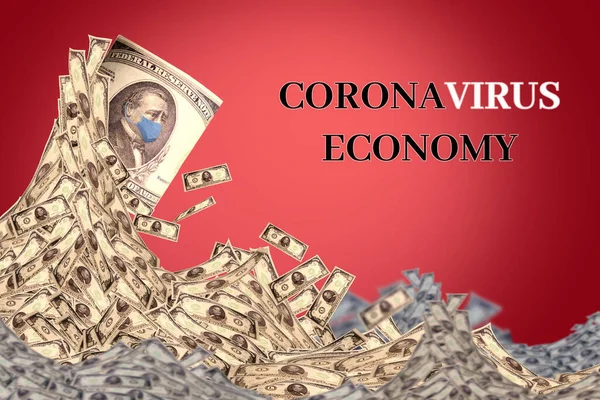 Bir para dalgası, üzerinde Başkan 'ın tıbbi maskeli görüntüsü olan bir banknot fırlatıyor. Kırmızı zemin. Yazıt Coronavirüs Ekonomisi..