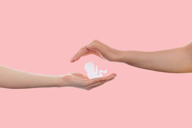 LGBT. İki kadın eli kağıttan bir bebeği korur. Uzayı kopyala Pembe arka plan. Homoseksüel aile kavramı ve evlat edinme.