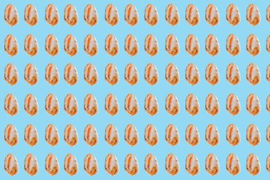 Modern sanatın kolajı. Mavi arka planda tekrarlanan küçük deniz kabukları deseni.