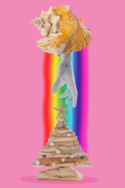 Modern sanatın kolajı. Pembe bir zemin üzerinde iki kabuk, bir gökkuşağı ile birbirine bağlıdır.