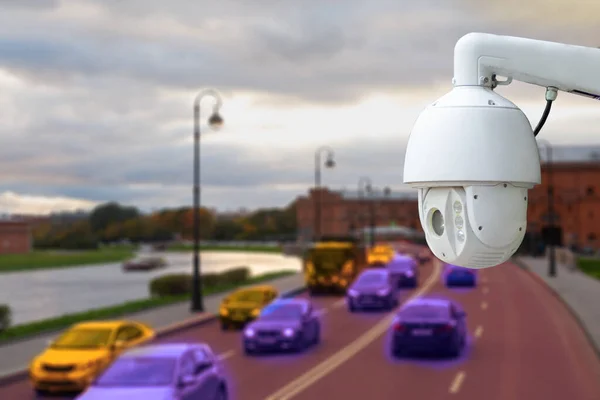 Concepto Videovigilancia Tecnología Seguridad Cámara Cctv Fondo Puente Carretera Con — Foto de Stock