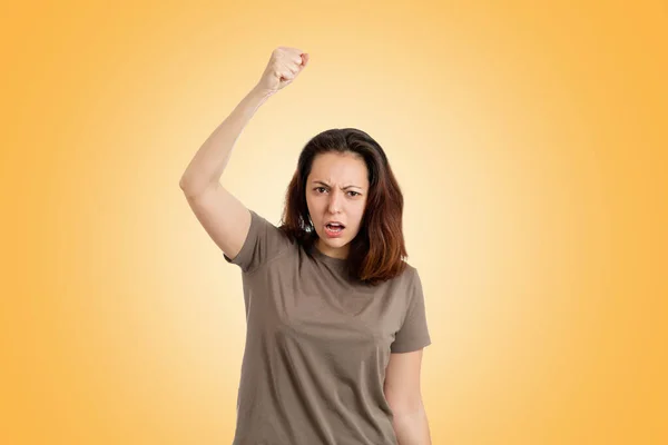 Protest Young Caucasian Woman Shouts Displeasure Raising Her Hand Yellow — Stock Photo, Image