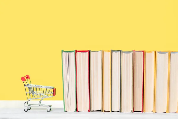 Volta Escola Mini Carrinho Compras Livros Uma Fileira Sobre Fundo — Fotografia de Stock