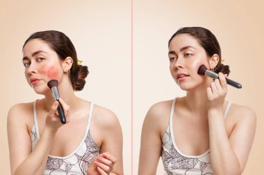 Genç ve güzel bir kadın kırmızımsı iltihaplanma bölgesine bir fırçayla makyaj yapar. Önce ve sonra. Bej arka plan. Düzeltici makyaj ve rosacea kavramı.