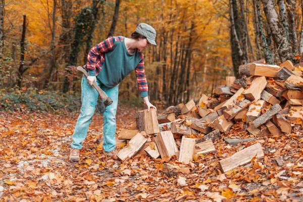 暖房シーズンの準備 若い女性が木を切る 背景の秋の森で 閉じろ — ストック写真