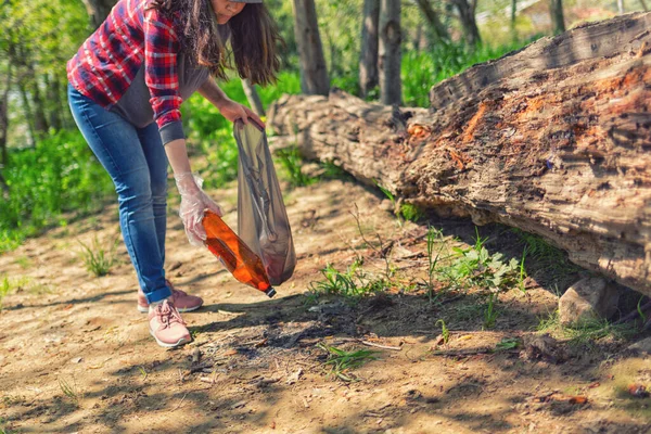 Voluntaria Ayuda Limpiar Bosque Basura Plástica Día Tierra Concepto Mejora — Foto de Stock