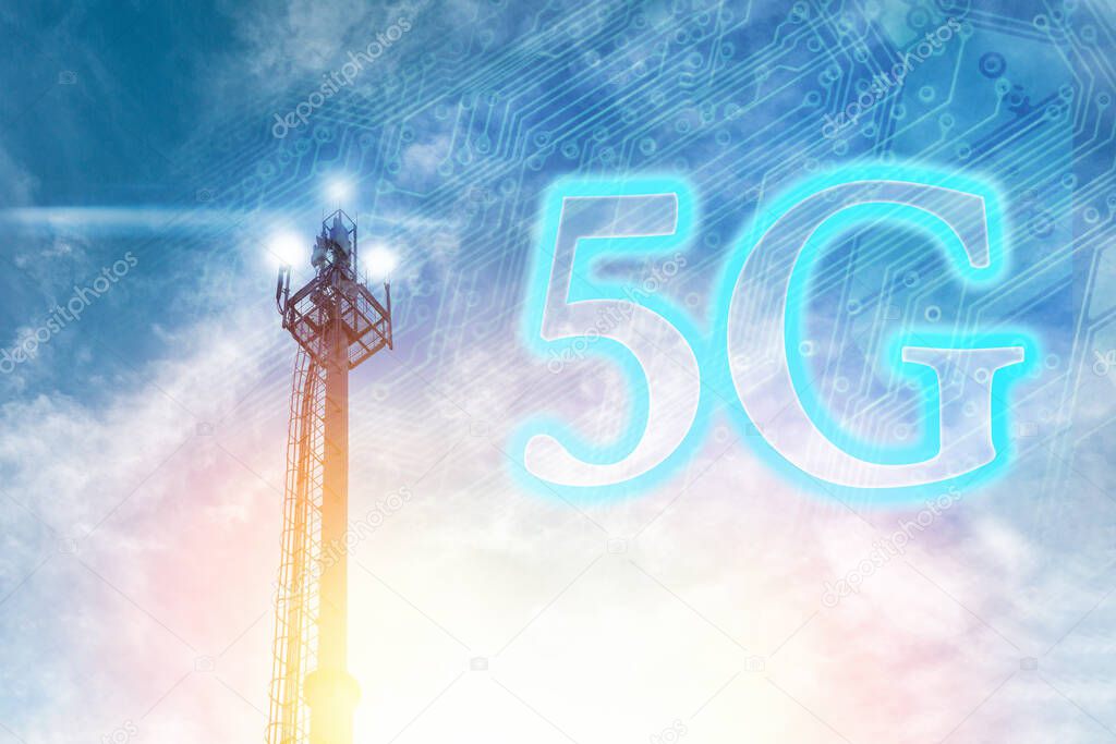 Telecommunications antenna against a clear blue sky with the image of a chip and 5G. The concept of communication, technologies and telecommunications.