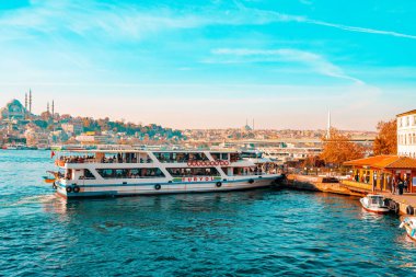 23.10.2019 İstanbul, Türkiye. Yolcu gemisi limanda. Arka planda bir ufuk ve şehir manzarası var. Uzayı kopyala Seyahat kavramı.