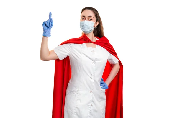 Een Arts Met Medische Handschoenen Een Superheldencape Vraagt Gezondheidszorg Geïsoleerd — Stockfoto