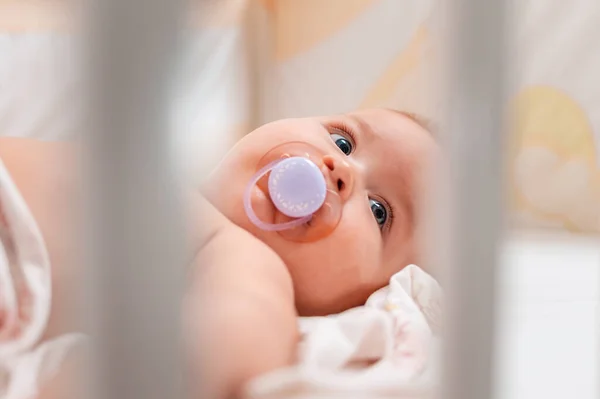 Close Portrait Baby Pacifier His Mouth Who Lying Cradle View — Stock Photo, Image