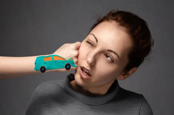 Concept Car Accidents Insurance Claims Close Accident Girl Hit Turquoise — Stock Photo, Image