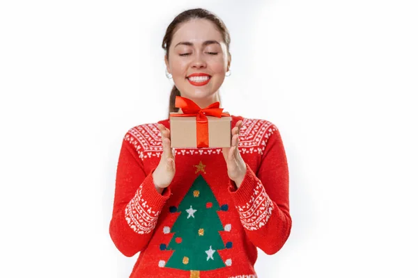 Portrait Young Happy Smiling Woman New Year Sweater Who Holds — Stock Photo, Image